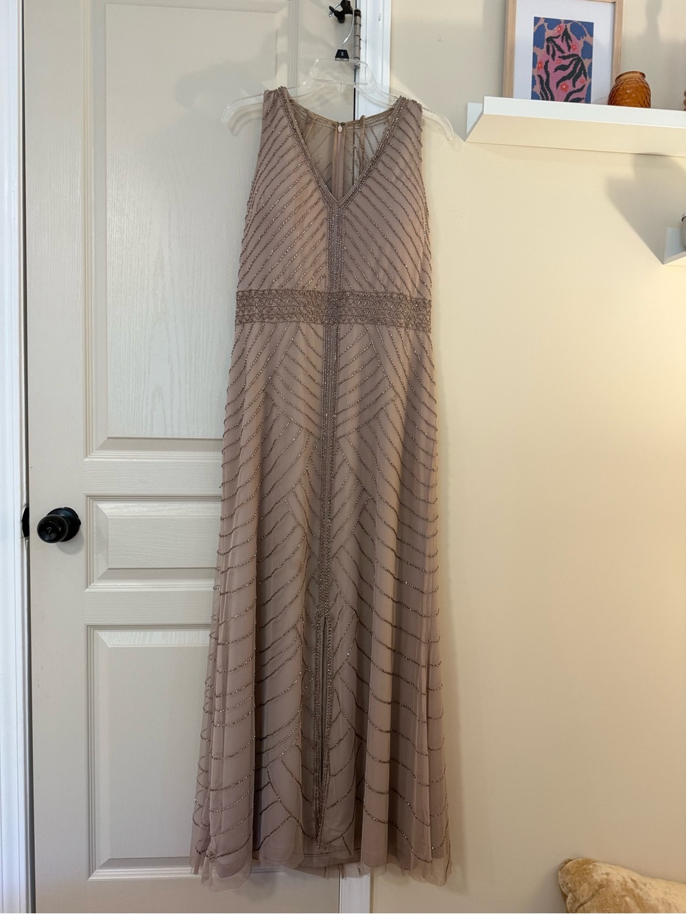 Sleeveless Taupe Beaded V-Neck Evening Dress